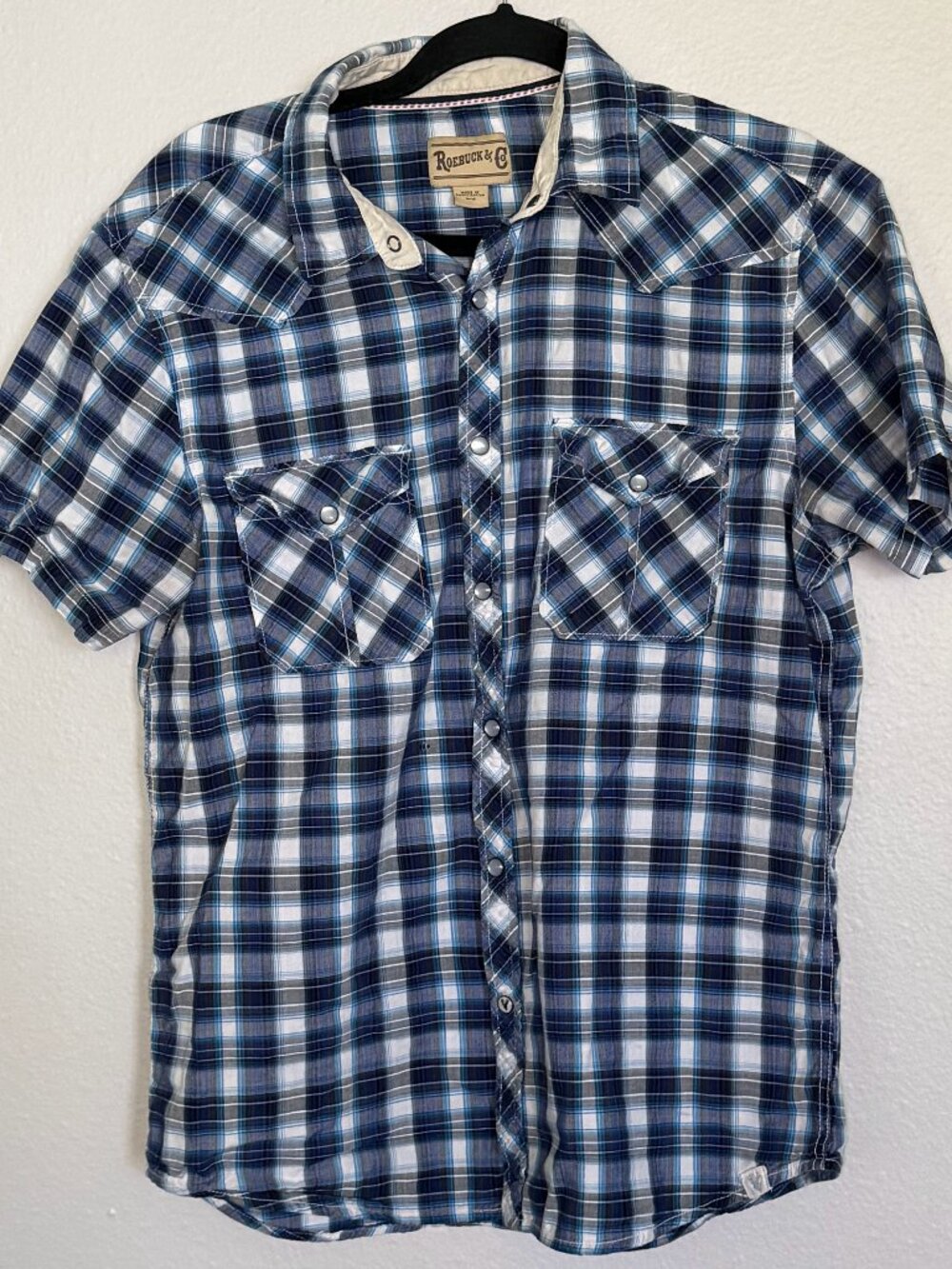 Vintage Roebuck & Co Western Plaid Pearl Snap Shirt Mens M Short Sleeve Blue